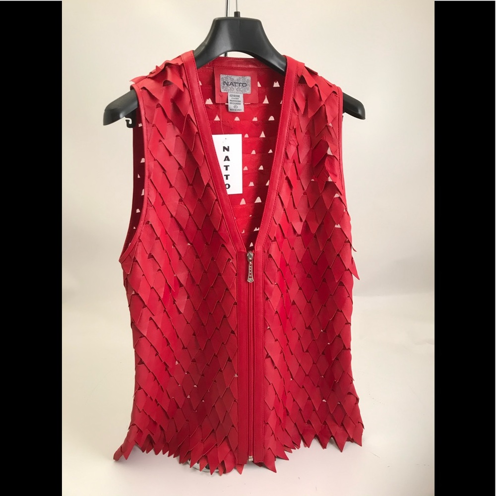 Natto 24” long diamond cut lamb leather vest, holiday Red, sizes S/M/L $95 new